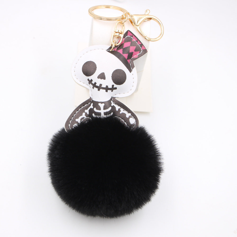 Wholesale Halloween Leather Skull Fur Ball Keychain